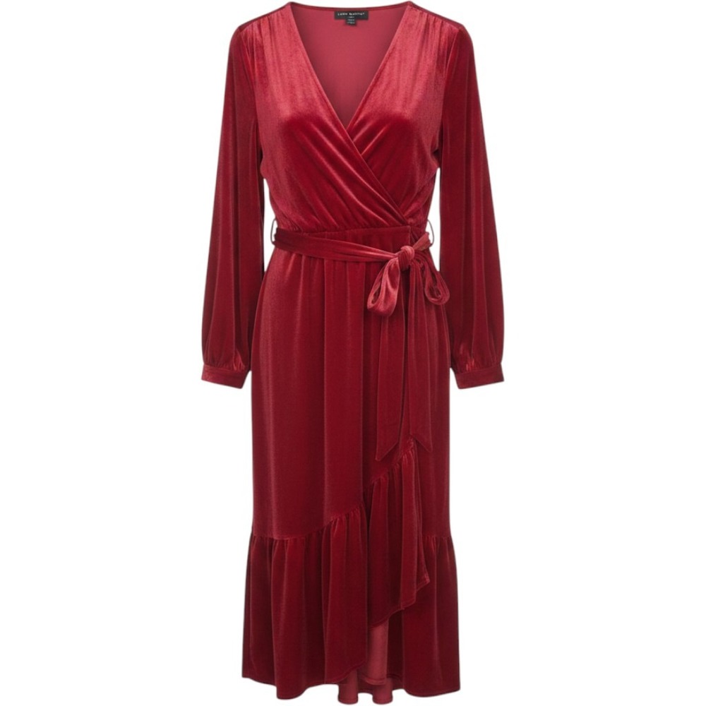 Lane Bryant Red Velvet Wrap Midi Dress Pockets Long Sleeve Ruffle Hem 14/16